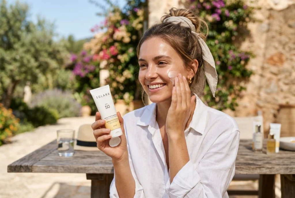Applying SPF 50 sunscreen after vitamin C serum for sun protection