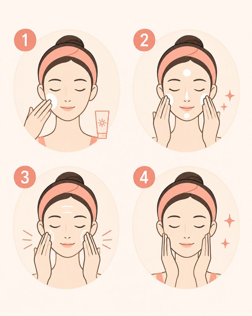Step by step illustration of how to apply Korean sunscreen correctly