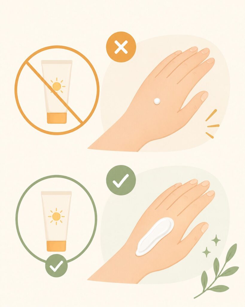 Illustration of common Korean sunscreen application mistakes to avoid