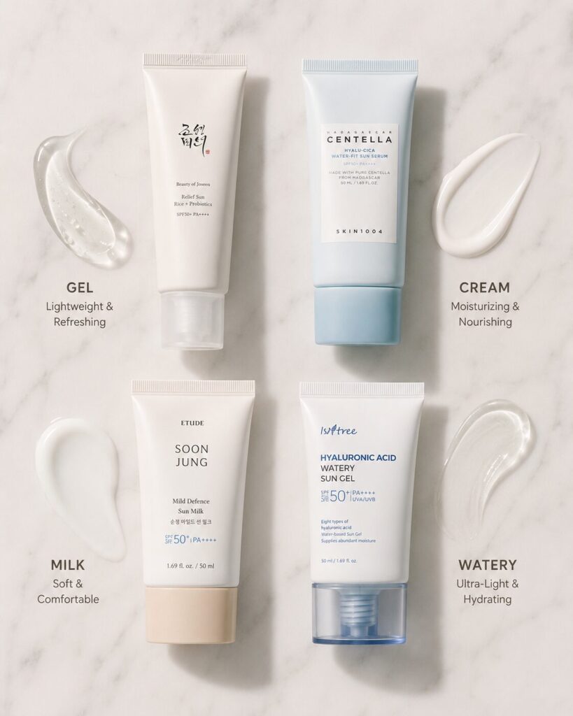 Korean sunscreen textures compared for oily, dry, combination, and sensitive skin