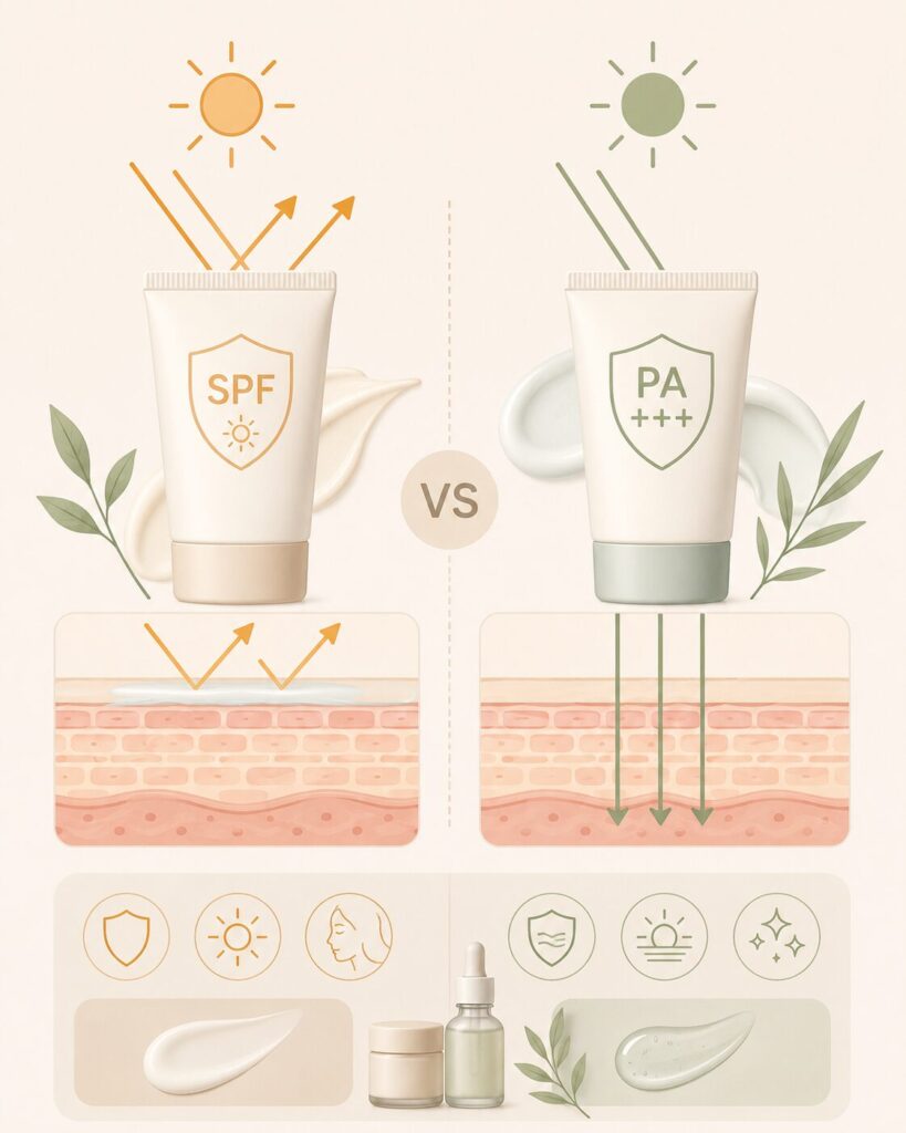 Infographic explaining SPF and PA rating differences in Korean sunscreens