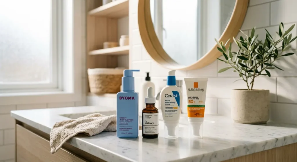 Morning skincare routine products including vitamin C serum, moisturizer, and sunscreen