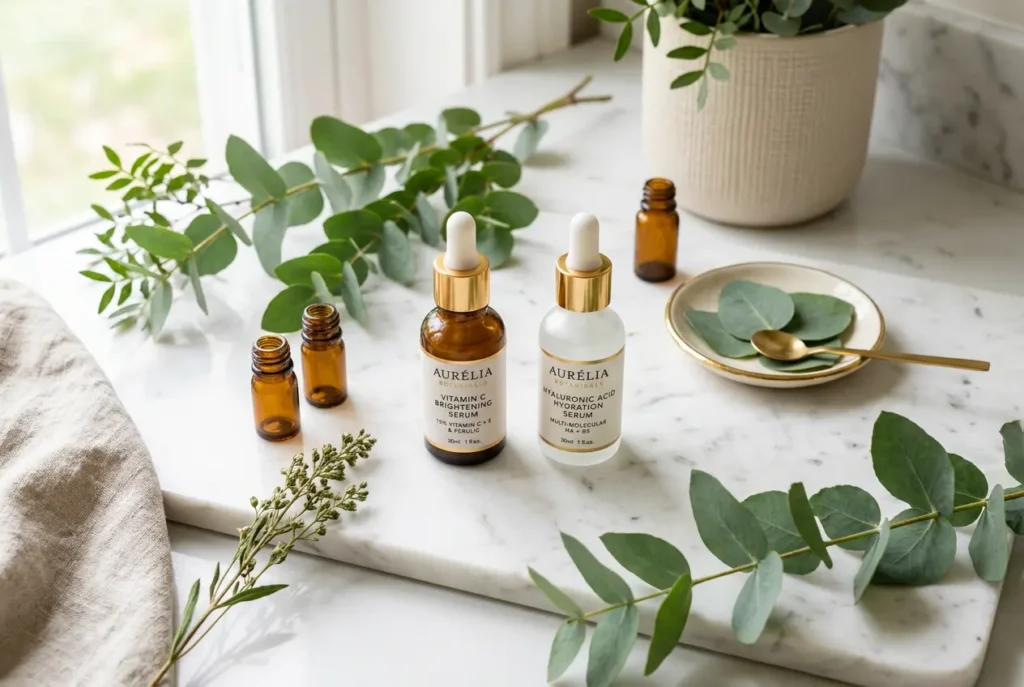 Vitamin C and hyaluronic acid serum bottles for hydration and glow