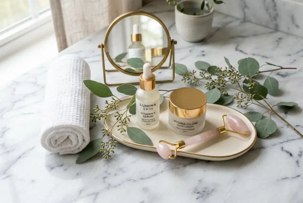 Vitamin C serum flat lay with skincare essentials and jade roller