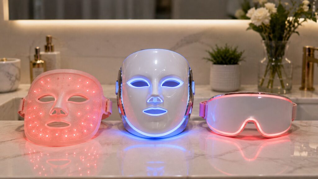 Different red and blue LED face mask designs compared