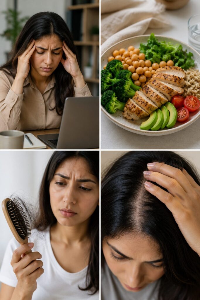 Collage representing common causes of hair thinning like stress and diet