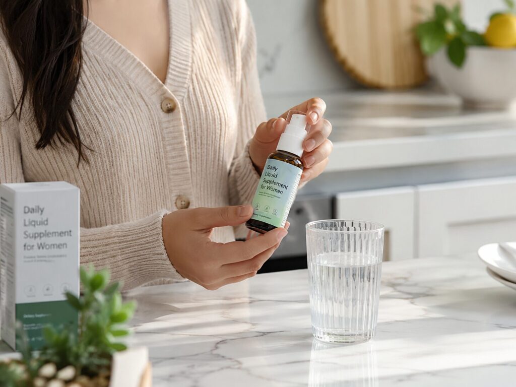 Woman adding liquid hair supplement to daily wellness routine