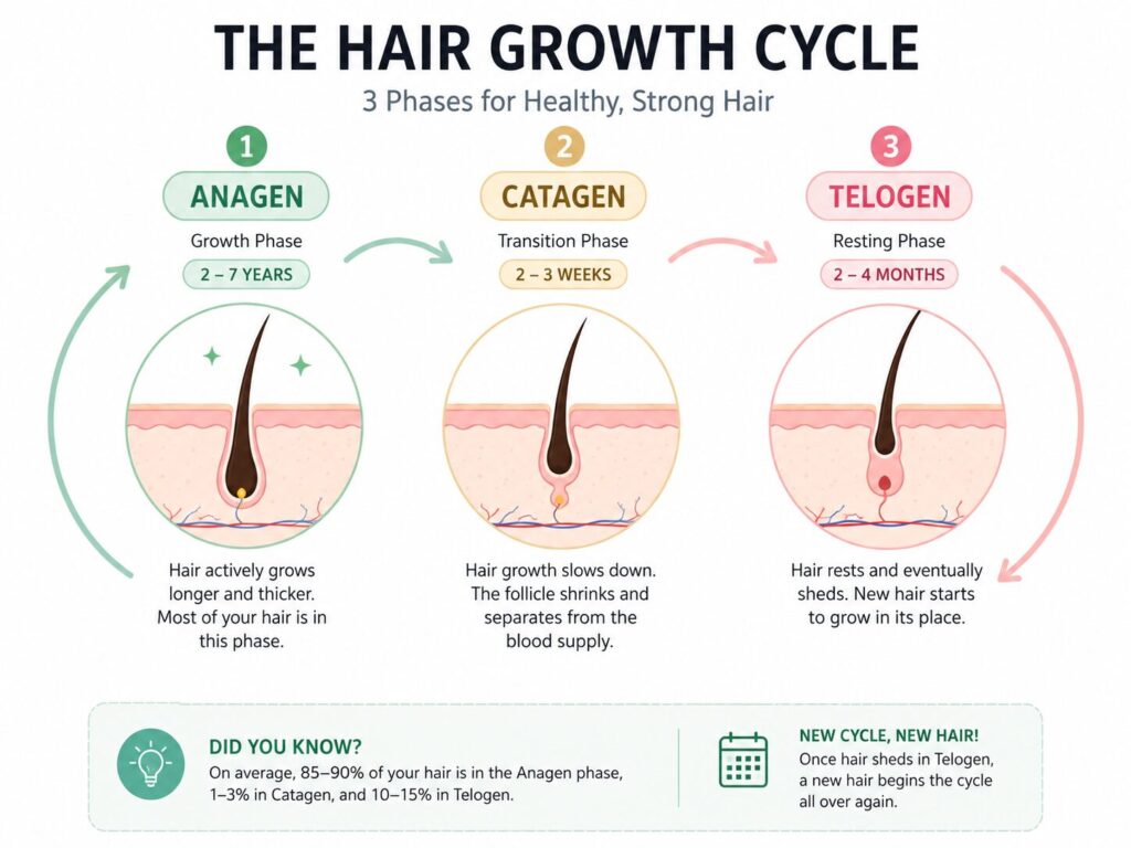 Diagram showing three phases of hair growth cycle anagen catagen telogen