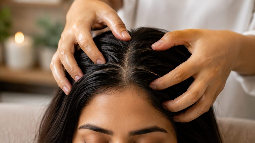 Close up of healthy scalp massage for hair growth support