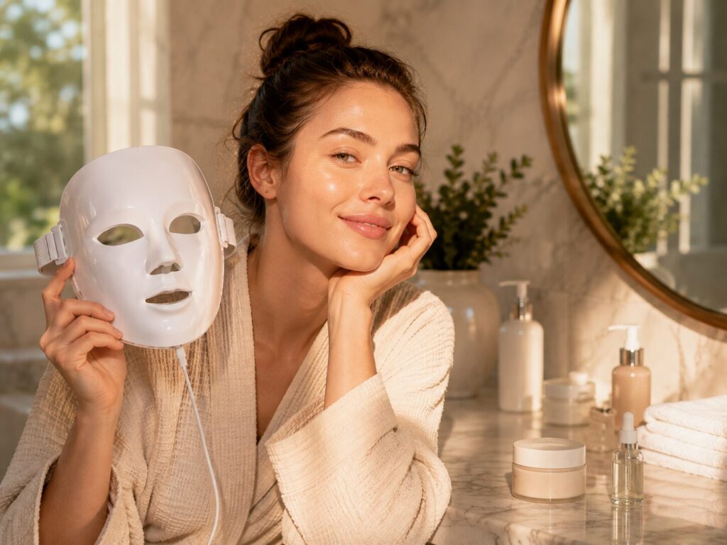 Woman finishing an at-home LED face mask skincare routine