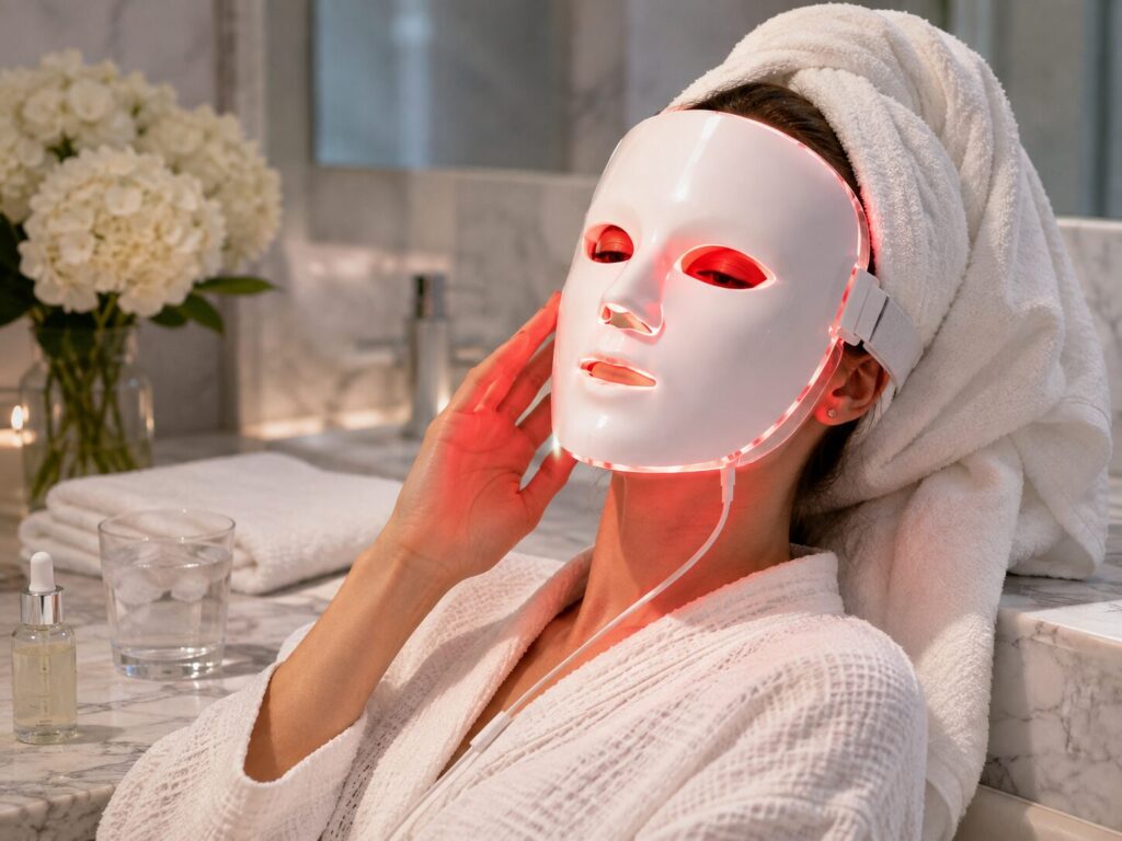 LED face mask with cooling skincare treatment concept