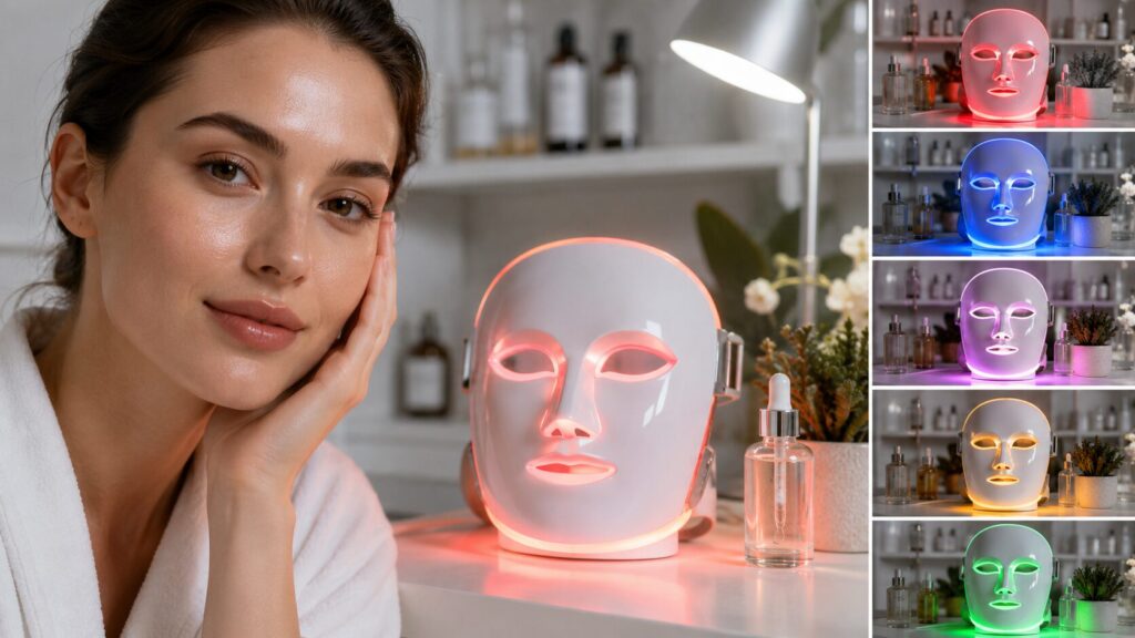 LED face mask showing different light therapy modes