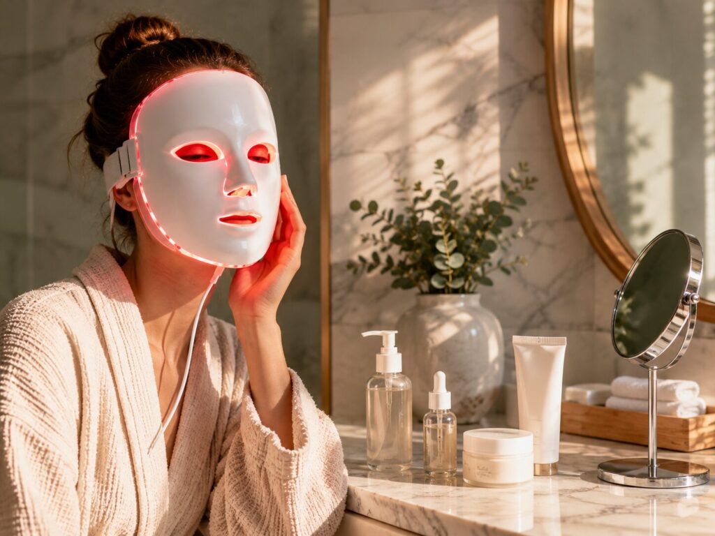 At-home skincare routine with an LED face mask and moisturizer