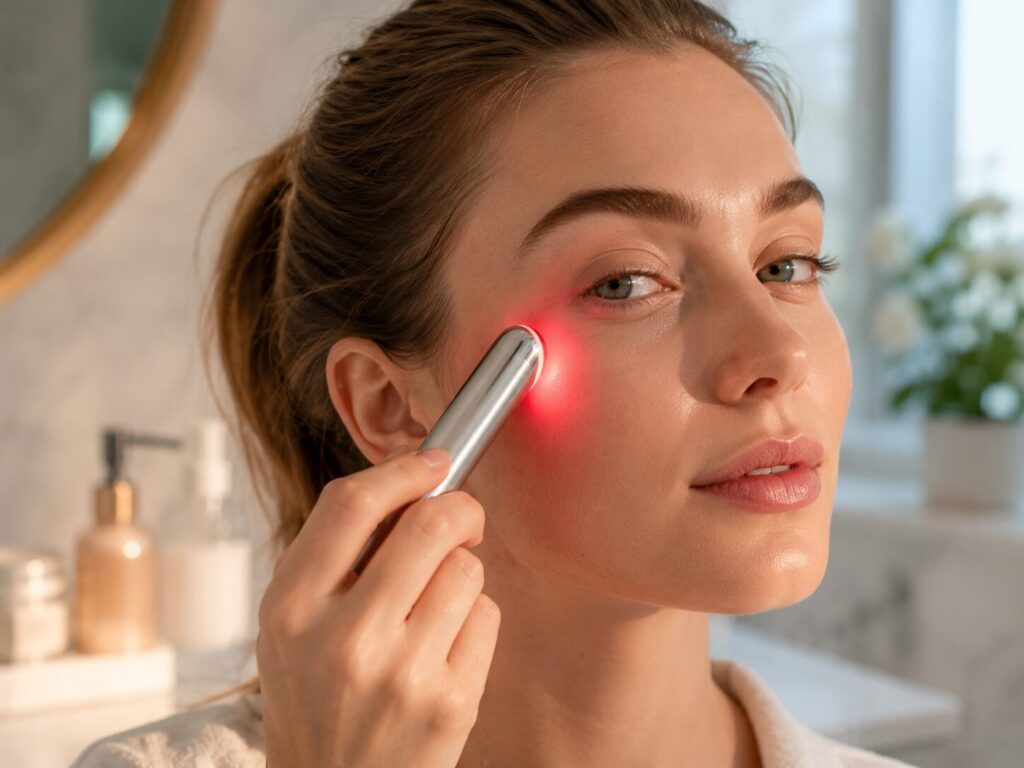 Woman using a handheld LED skincare wand on her face