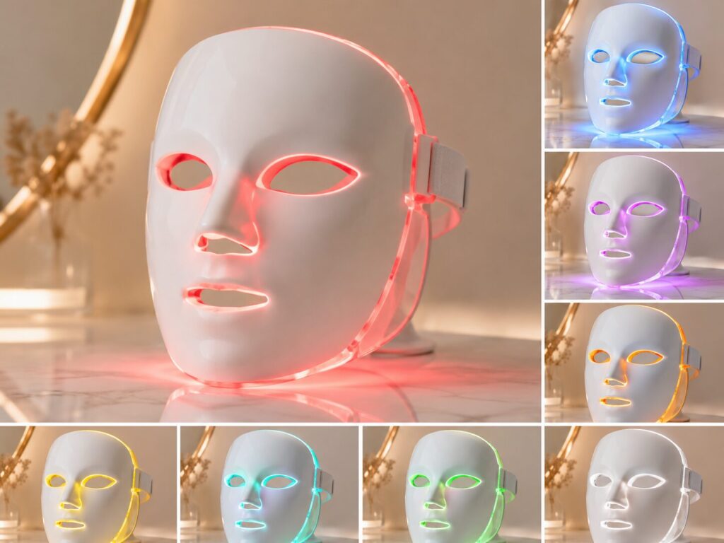 Different LED light colors used in facial light therapy