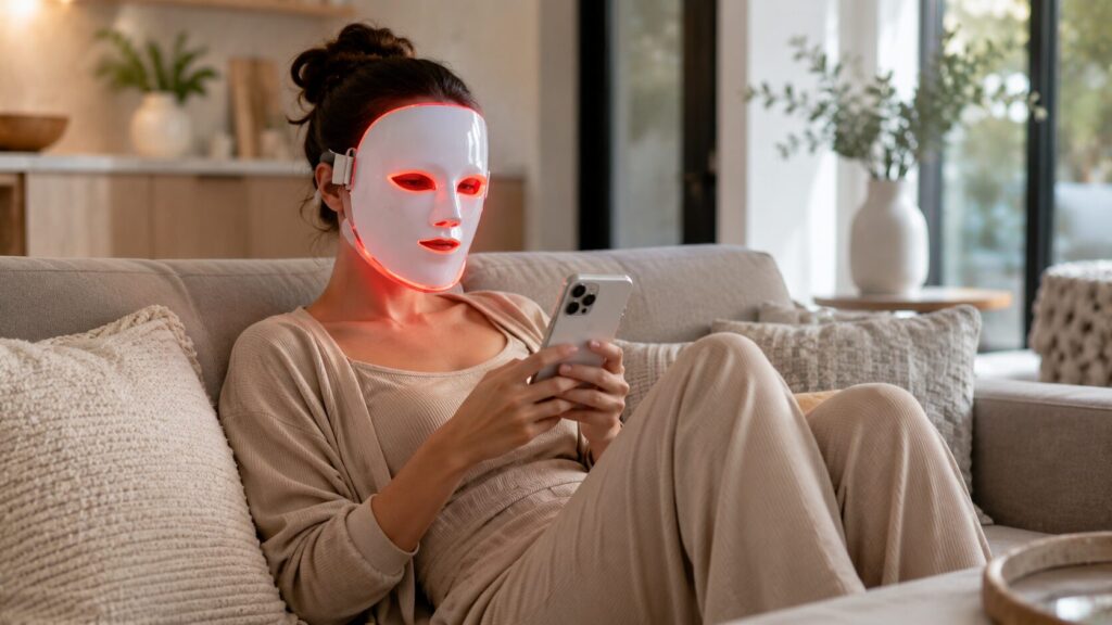 Woman using a wireless LED face mask at home