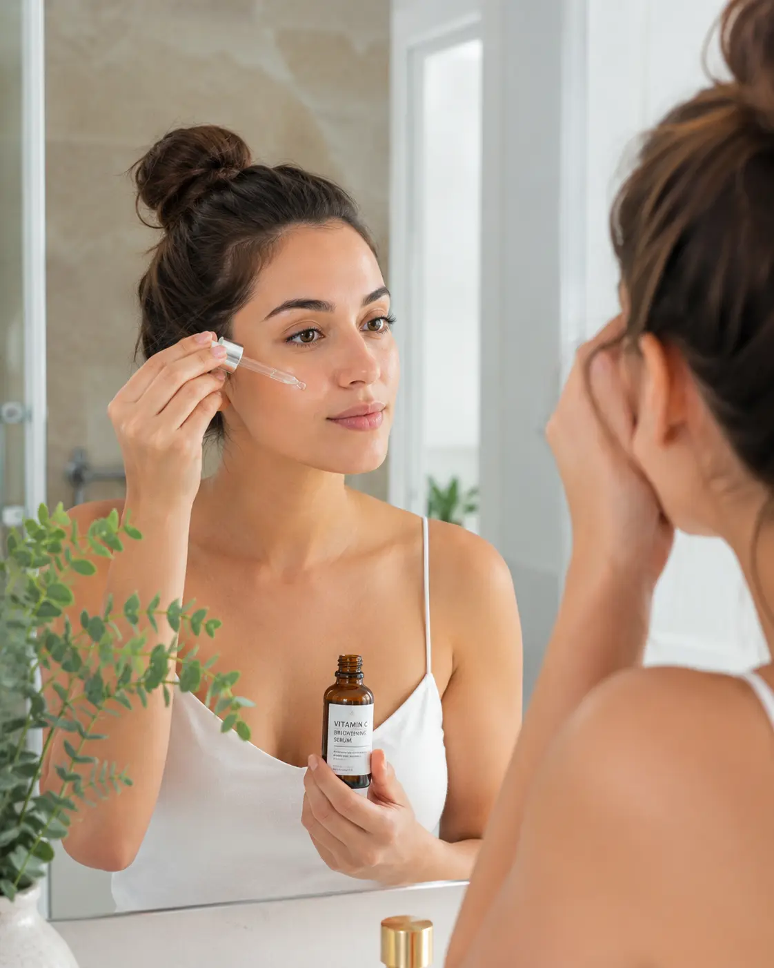 Woman applying vitamin C serum as part of morning skincare routine