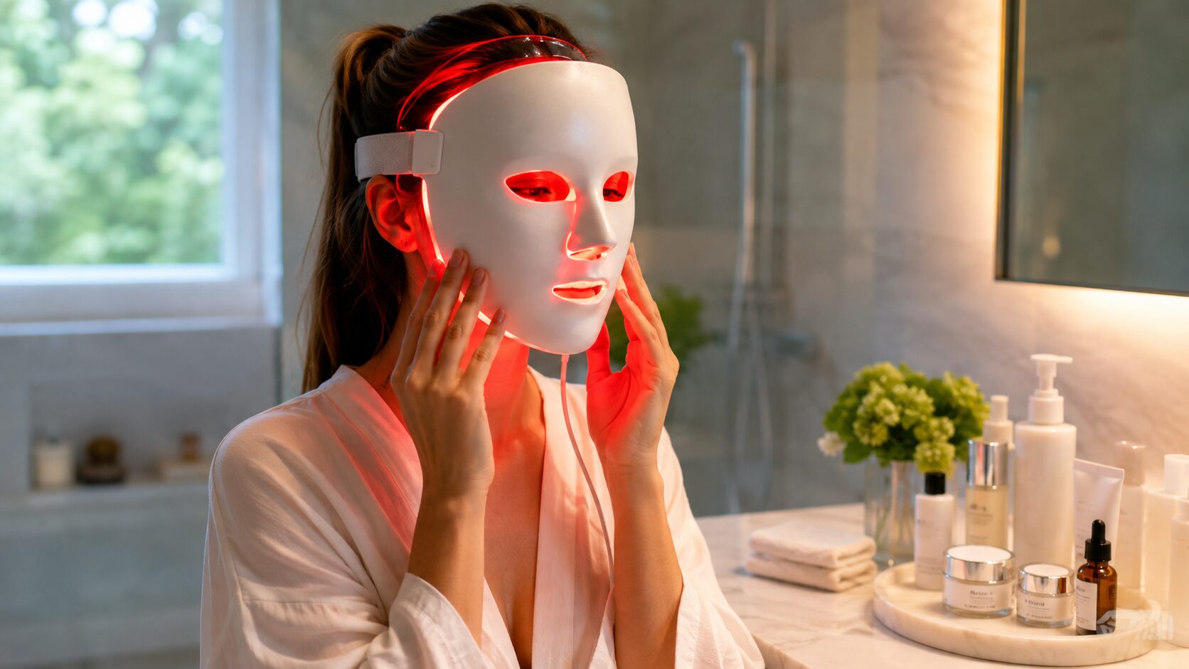 Woman using a red LED face mask for at-home skincare